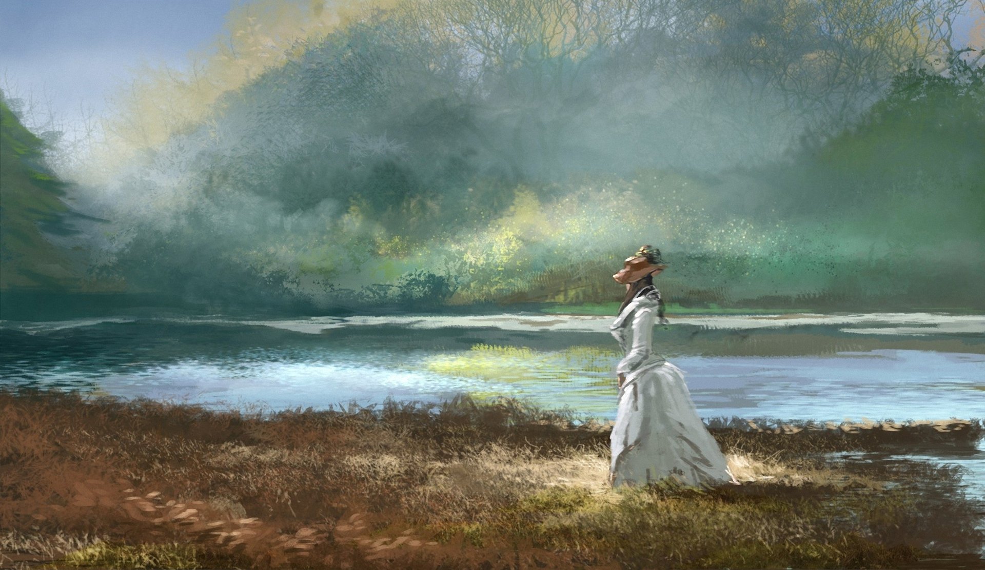 Хорошо гулять по берегу лесного озера. Пейзажи с женщинами. Пейзаж с девушкой. Картины девушек и природы. Картина девушка на берегу.