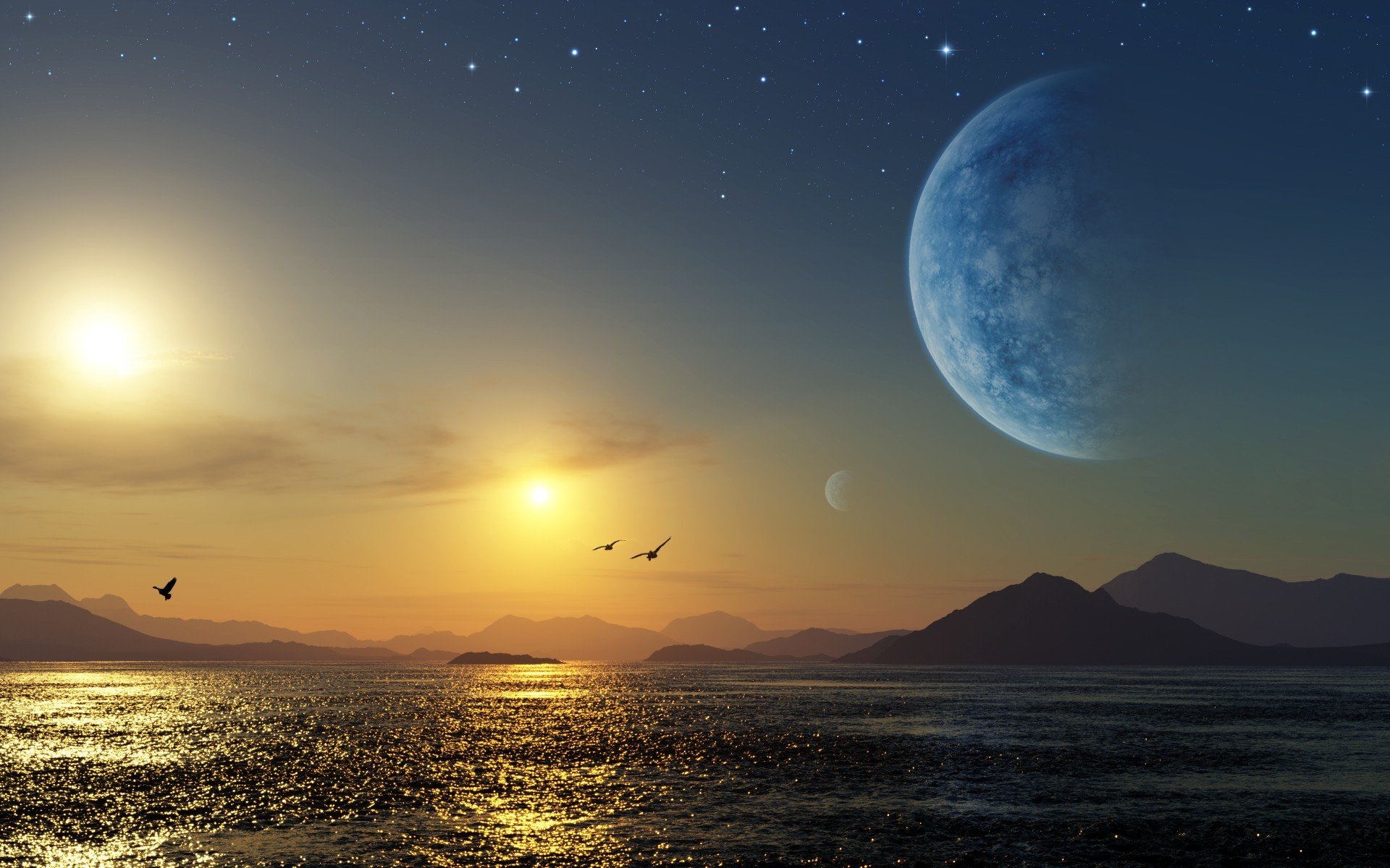 Картина небо луна. Солнце и Луна. Фантастические космические пейзажи. Лунный пейзаж. Ночное солнце.