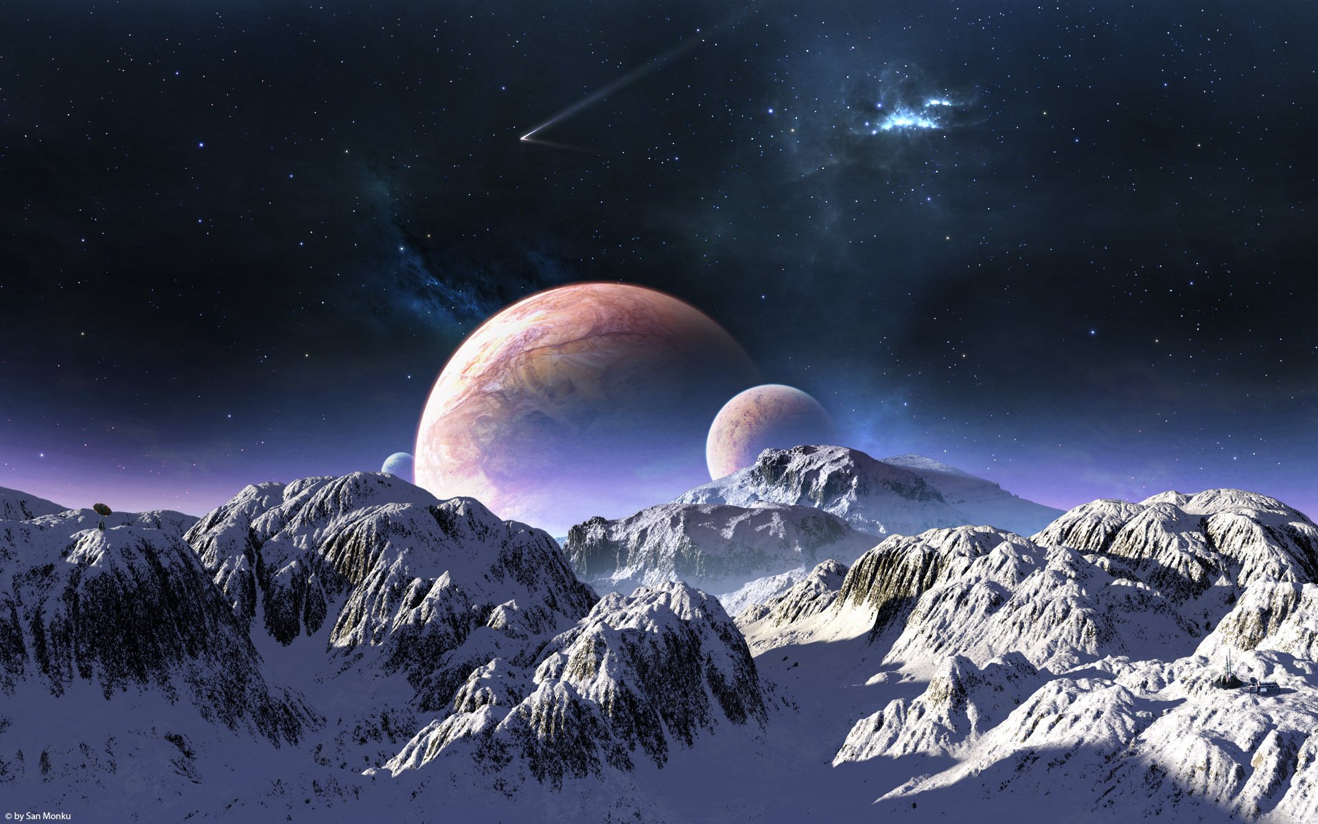 terraspace горы снег небо планеты звезды комета