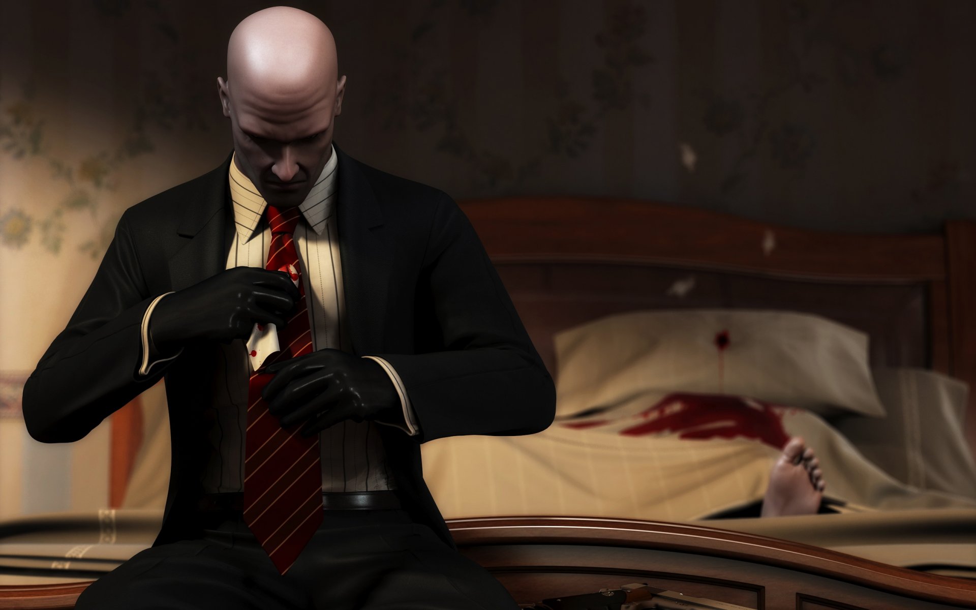 hitman : blood money кровавые деньги кровь труп пистолет кровать нога костюм перчатки галстук