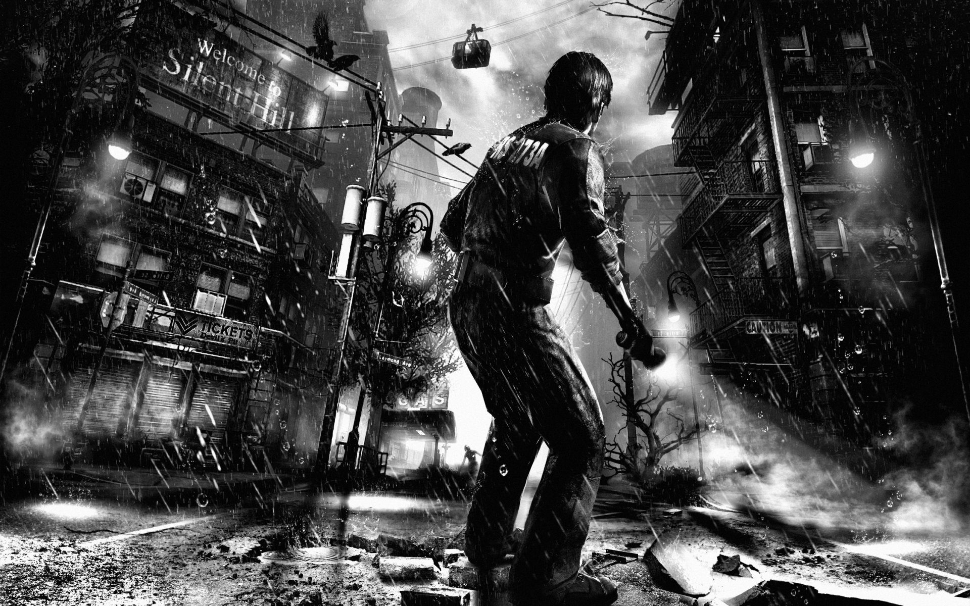 silent hill : ливень добро пожаловать silent hill ливень мёрфи пендлтон заключённый город улица фонарик вороны туман окна балконы дома фонари дорога луна деревья монстр дождь мерфи пендлтон тихий холм