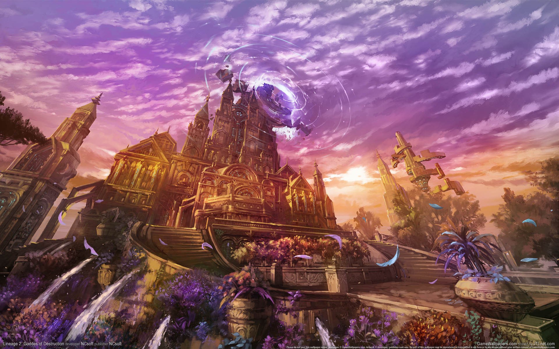 lineage 2 : богиня разрушения обои игры фэнтези город закат магия цветы замок небо облака линейка богиня разрушения площадь дворец лестницы