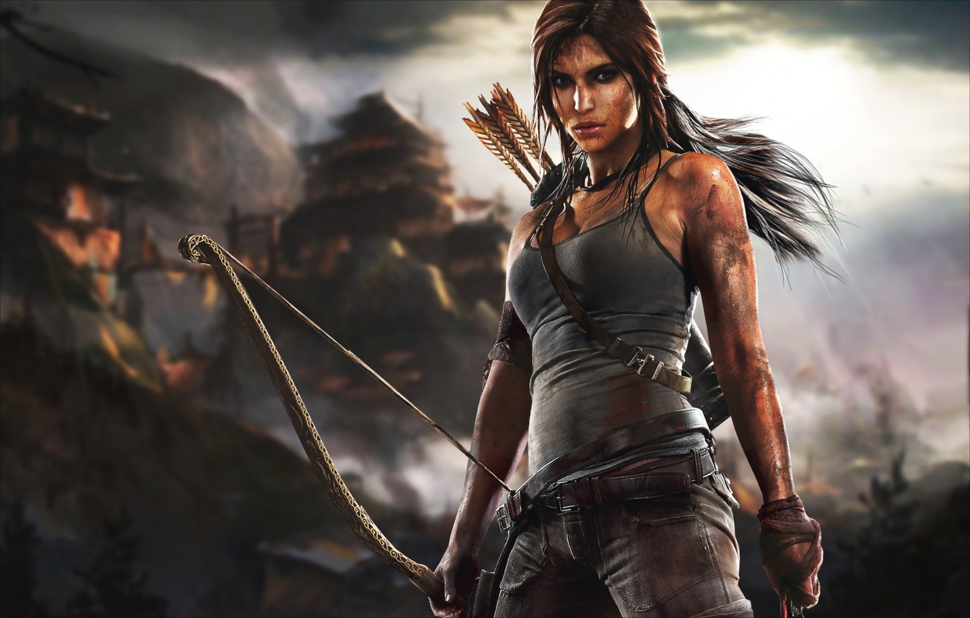 tomb raider лара крофт crystal dynamics square enix расхитительница гробниц лук выживание девушка грудь грязь тучи.