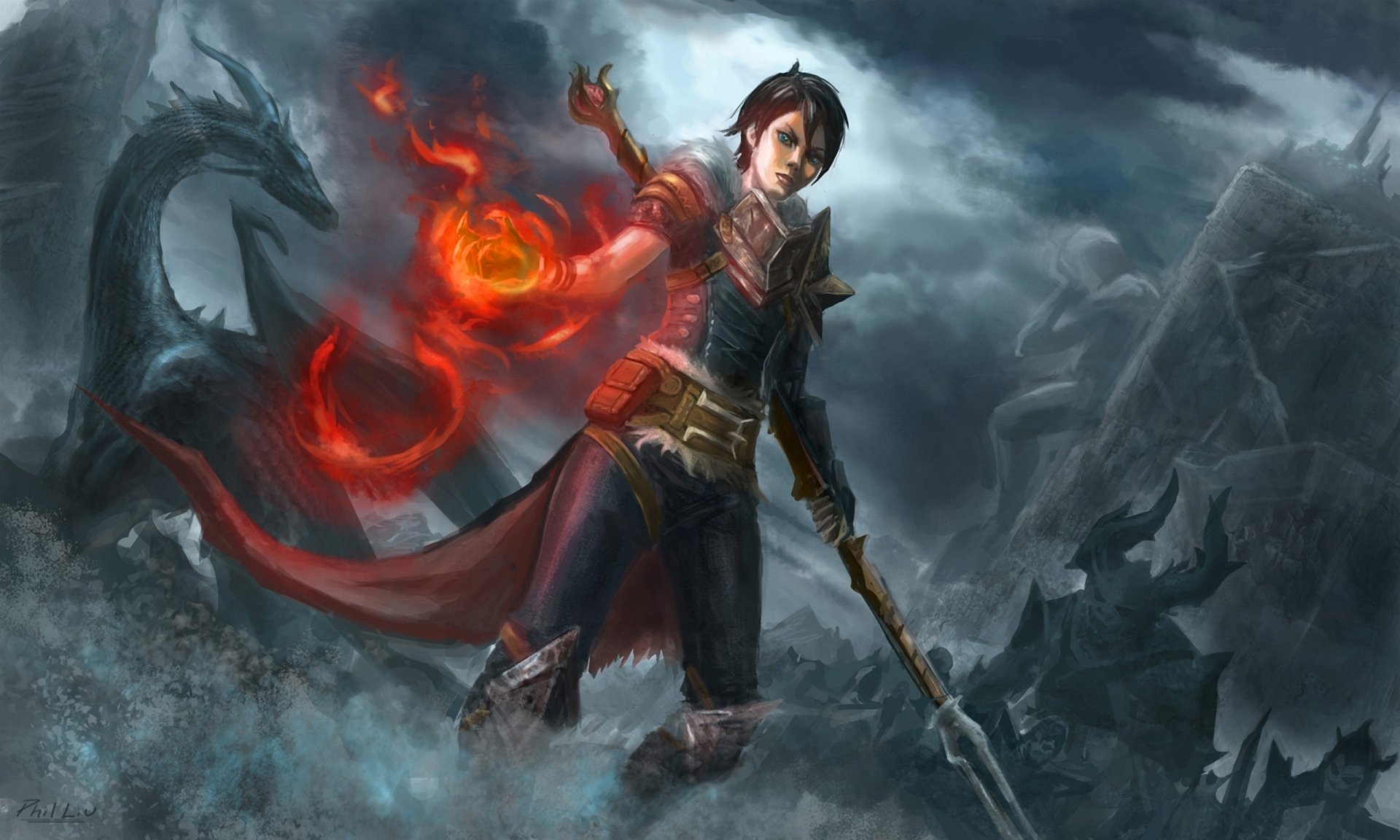 арт dragon age хоук девушка маг дракон битва магия посох огонь орк армия статуя скульптура киркволл