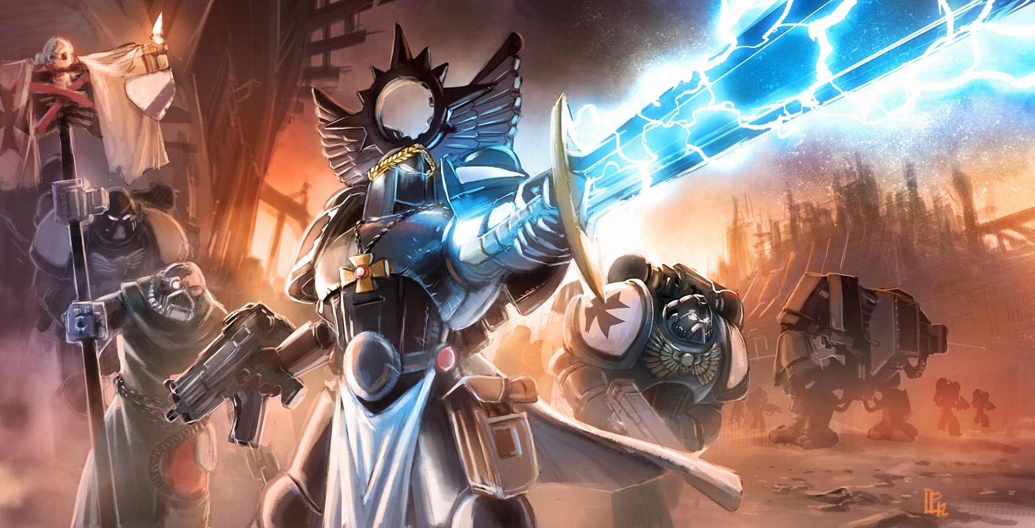 арт loyvet пьер warhammer 40k войны оружие меч автомат доспехи молния крест знамя черный тамплиеров