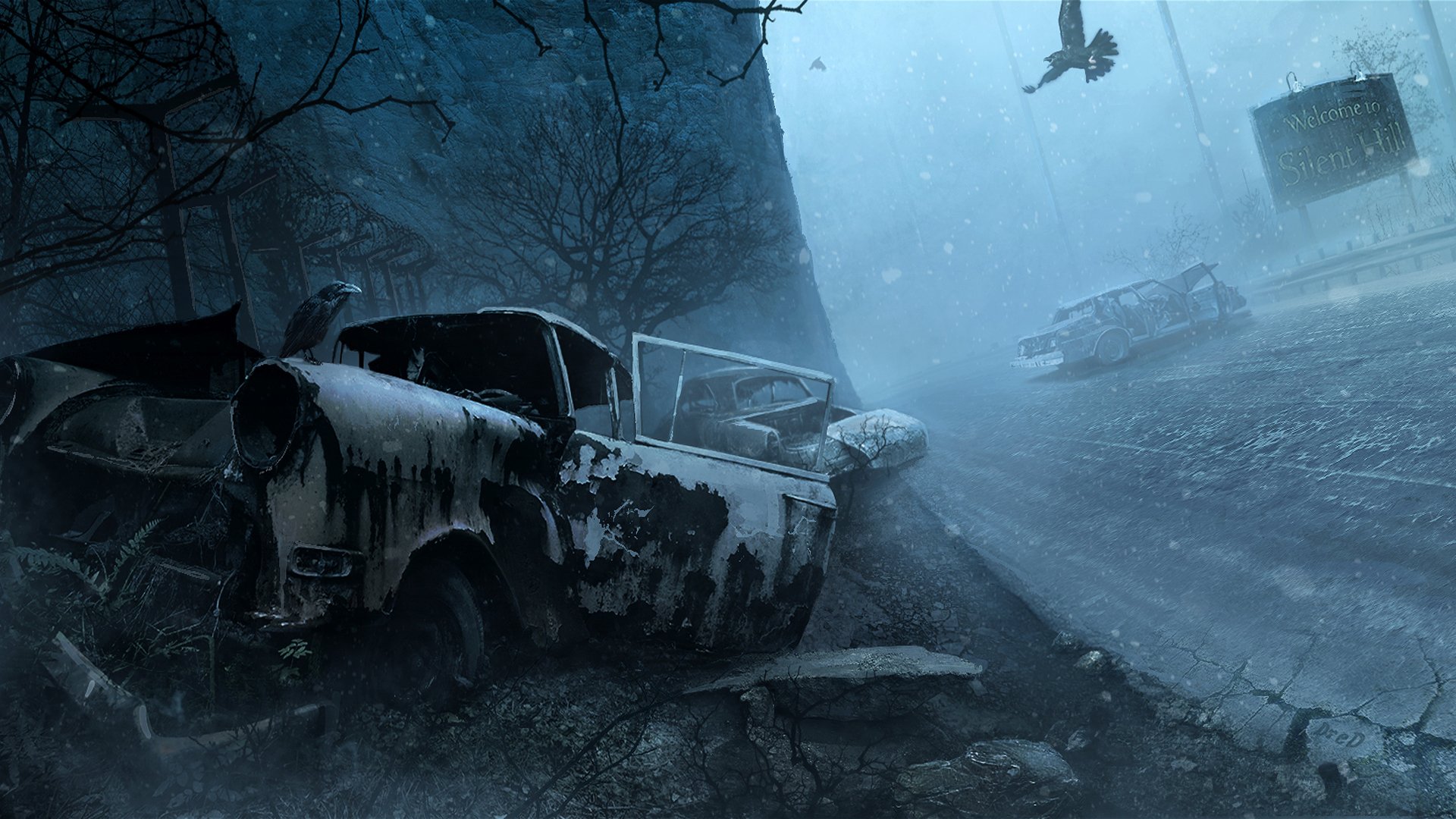 silent hill добро пожаловать в сайлент хилл ночь машины снег зима птицы
