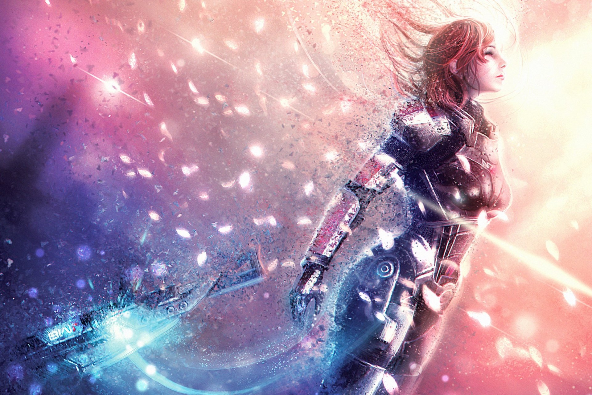 mass effect 3 фанарт командир шепард капитан женщина оружие разрушение