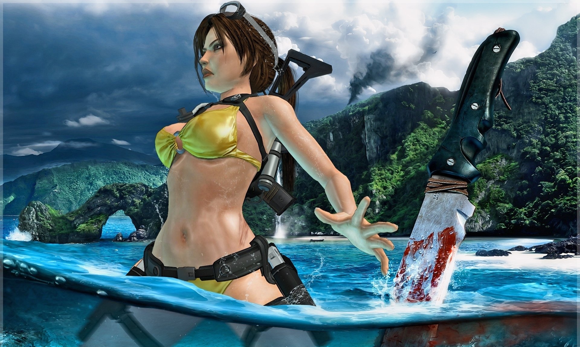tomb raider лара крофт far cry 3 вода нож кровь поза купальник оружие остров
