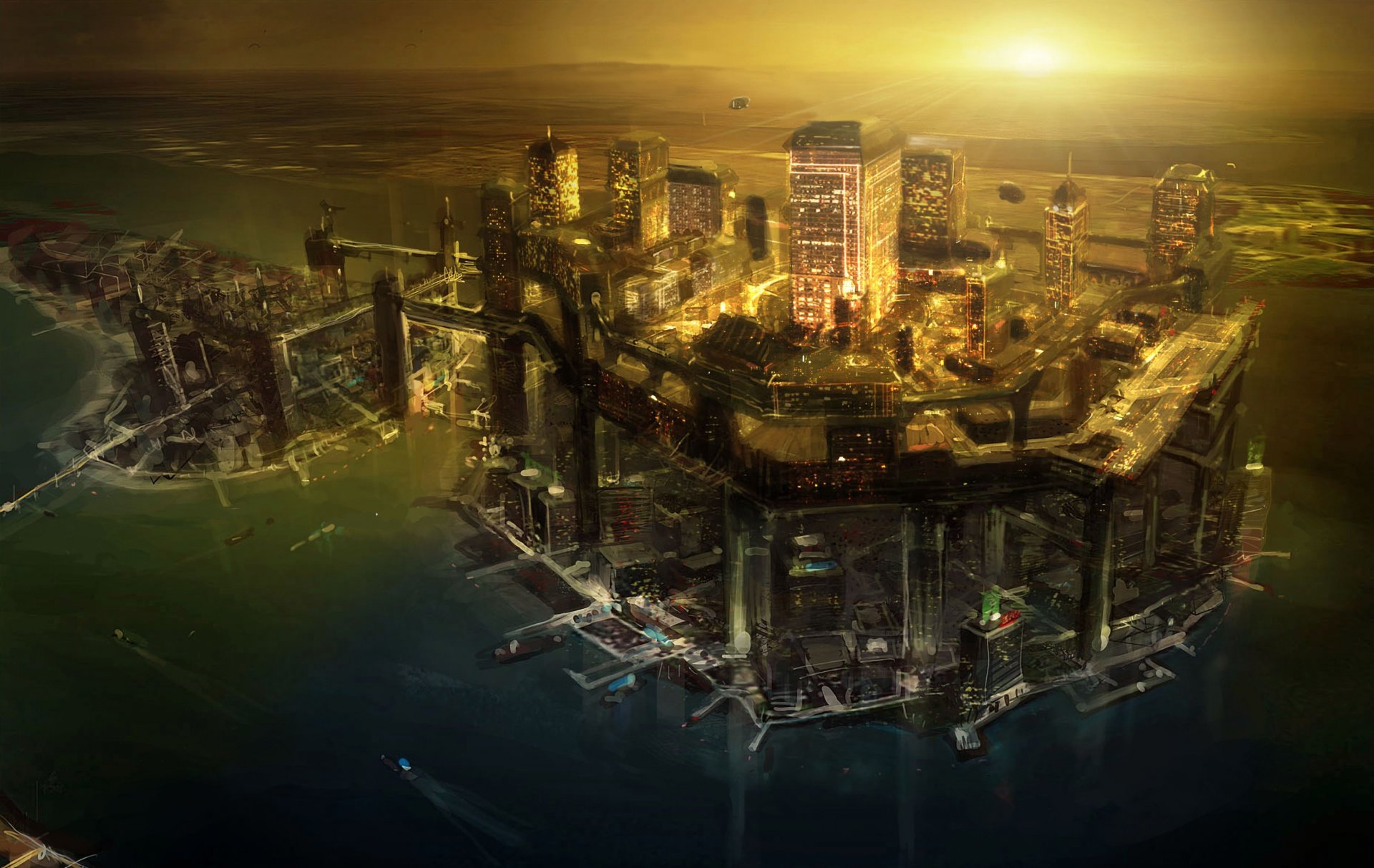deus ex 3 арт город ночь будущее закат